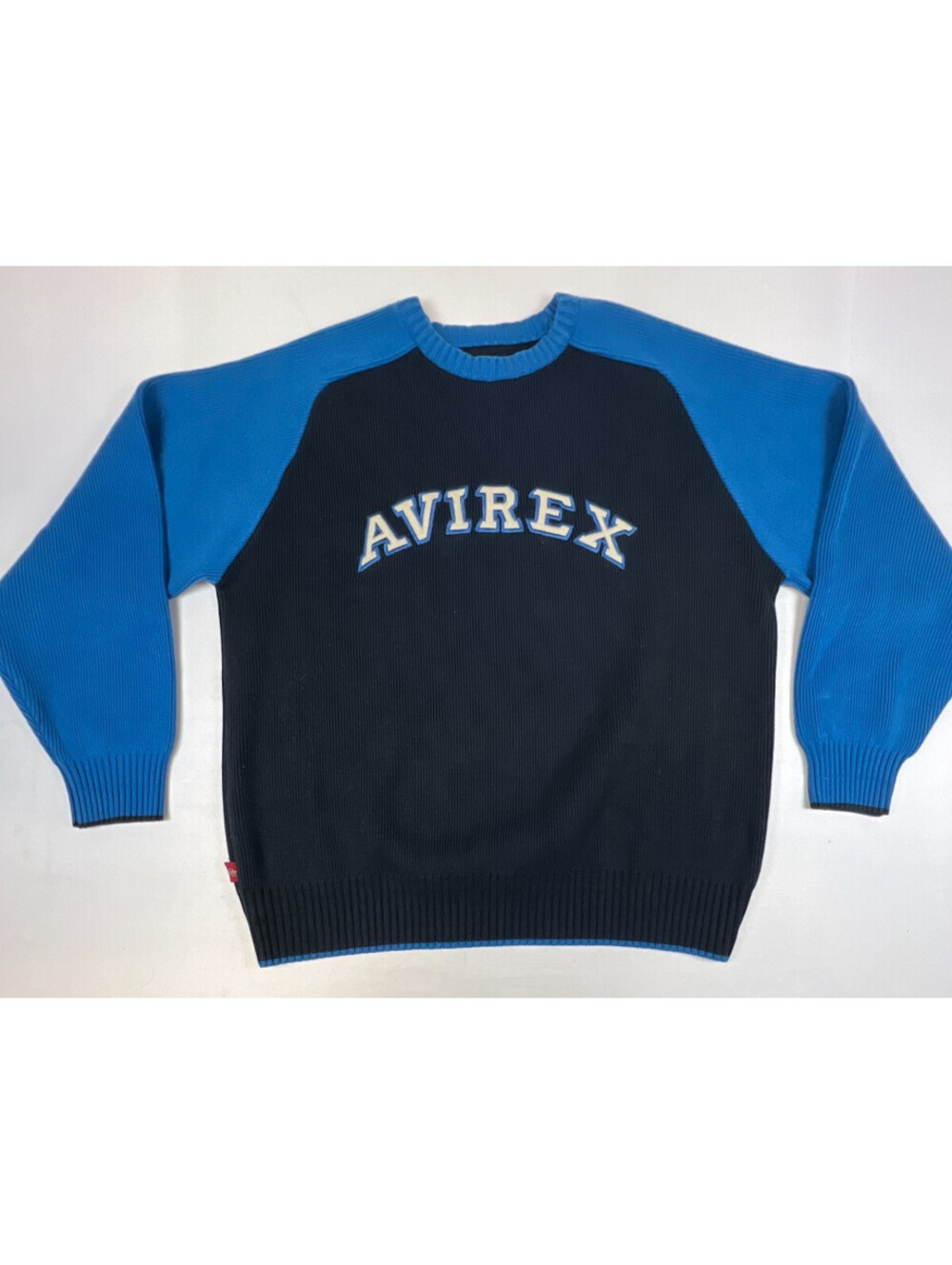 Vintage Avirex Men Size 2XL Black Blue Knit Sweater Logo Applique Hip Hop